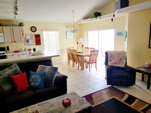 TV, DVD player, books, video library