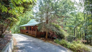 A cabin with a wooden deck and a green roof, surrounded by dense forest. - Relaxing, Cozy, Beautiful 3 BR Log Cabin in Blowing Rock/Boone NC (Blowing Rock)