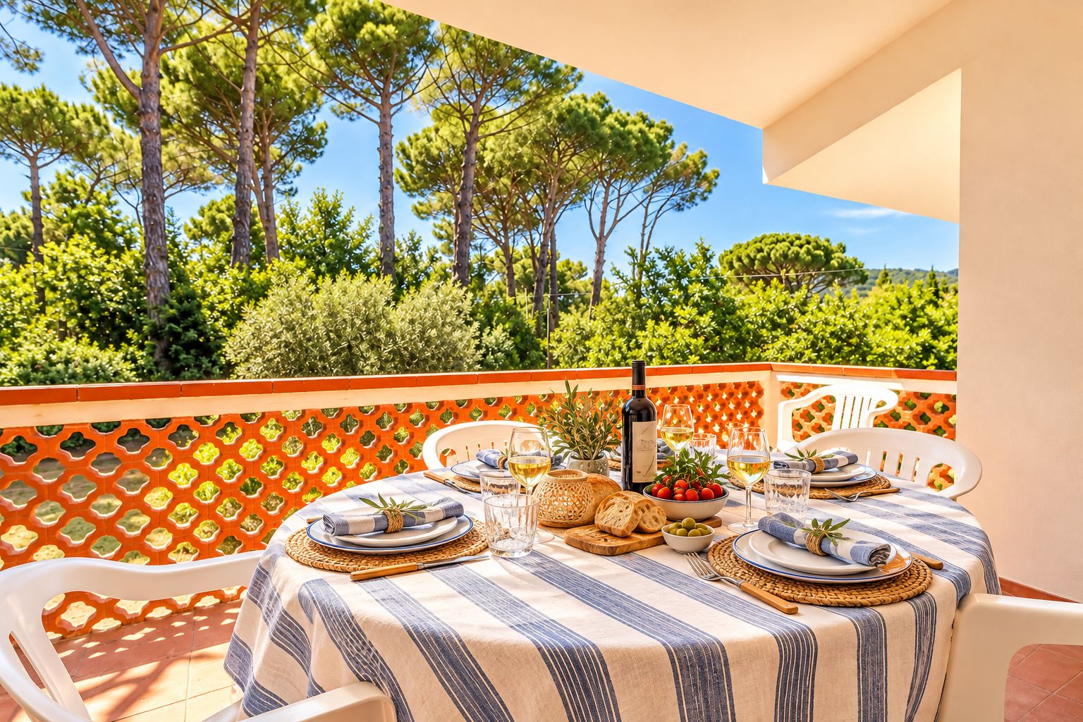 A round table set for two with a striped tablecloth, white chairs, and a view of trees and greenery.