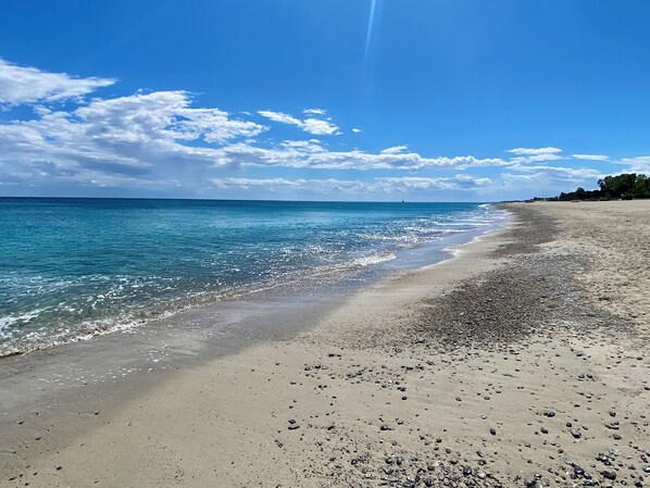 On the beach, sun-loungers