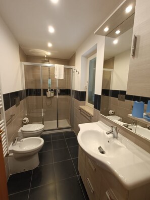 Duschwanne, Haartrockner, Bidet, Handtücher