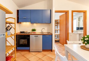 A compact kitchen with blue cabinets, a dishwasher, a stove, and a sink. - Villa Marina Piccola. Beachfront accomodation with spacious garden (San Sostene Marina)