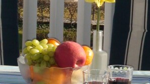 Una mesa con un frutero, un florero con una flor amarilla y dos vasos de líquido rojo, frente a una vista del mar y árboles.
