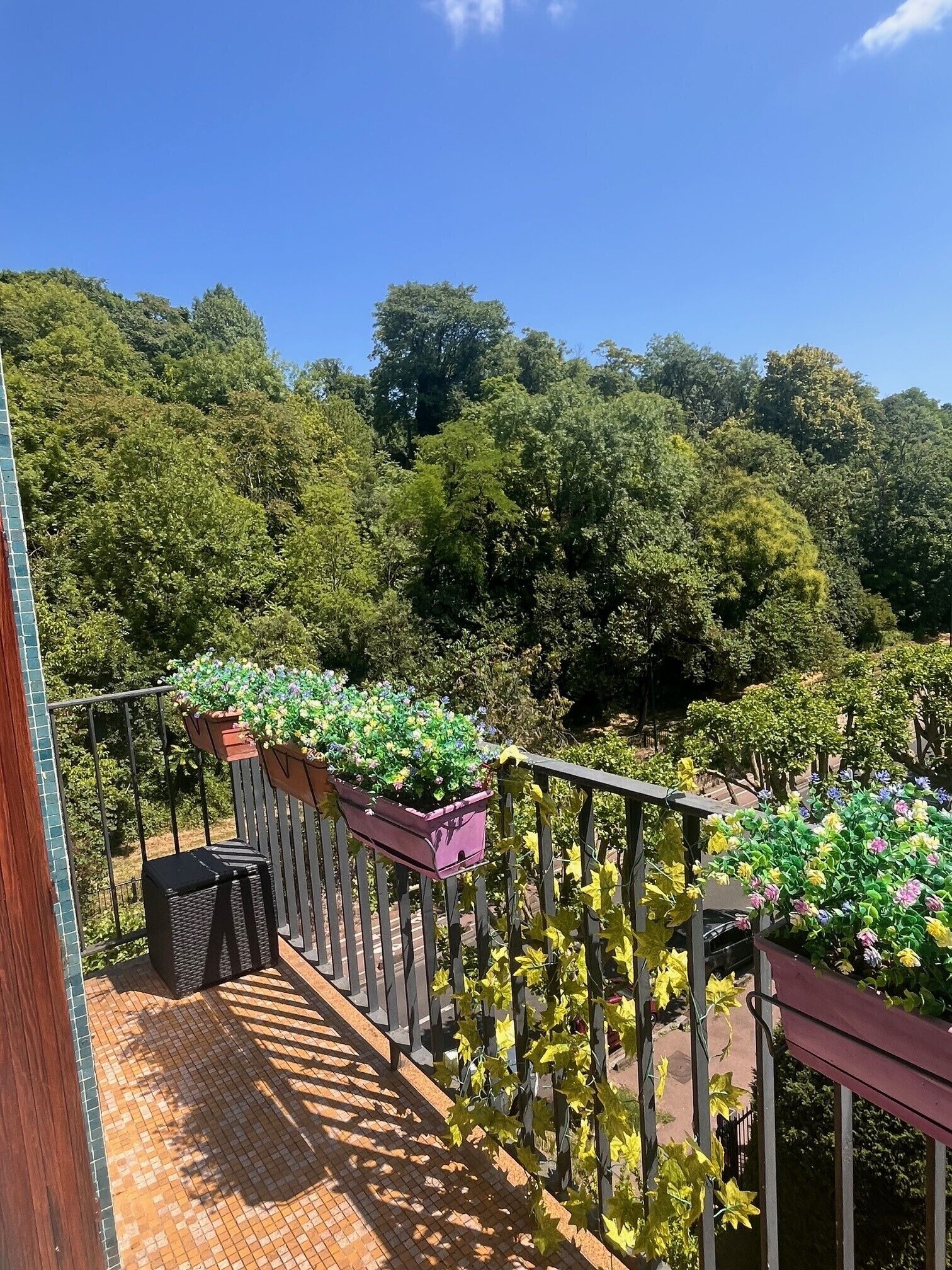 Un balcon donnant sur une forêt verdoyante et luxuriante.