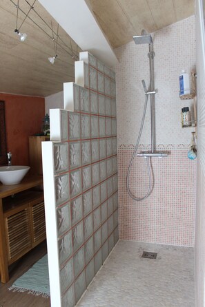 Ducha, secador de pelo, toallas y jabón