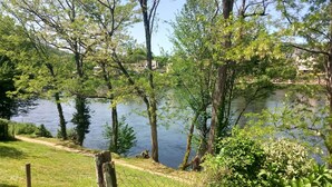 A serene lakeside view with a grassy path, trees, and a calm water body.
