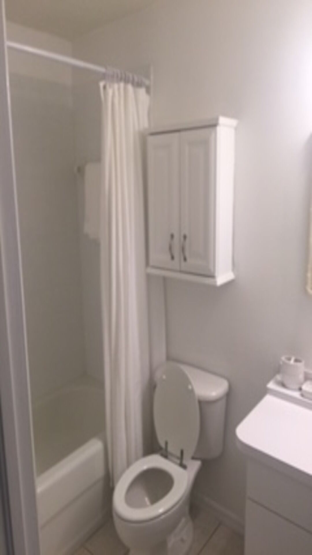 Ein Badezimmer mit Toilette, Dusche und einem Schrank über der Toilette.