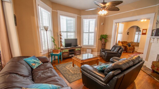 A living room with a brown leather sofa, a black leather couch, a wooden coffee table, and a television on a wooden stand. There are two windows with blinds, a ceiling fan, and a plant on a side table.