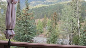 Una terraza con vistas a un valle boscoso y un río.