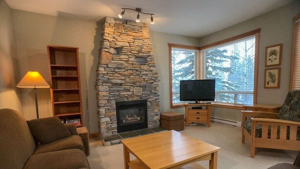 Una sala de estar acogedora con chimenea de piedra, televisión y asientos cómodos.