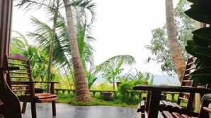 Un banc en bois offrant une vue sur un jardin tropical et des palmiers.