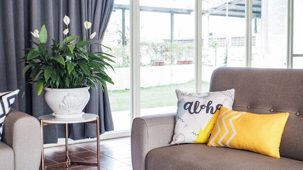 Un salón con un sofá gris, una mesita auxiliar blanca con una planta en maceta y una ventana con vistas a un jardín.