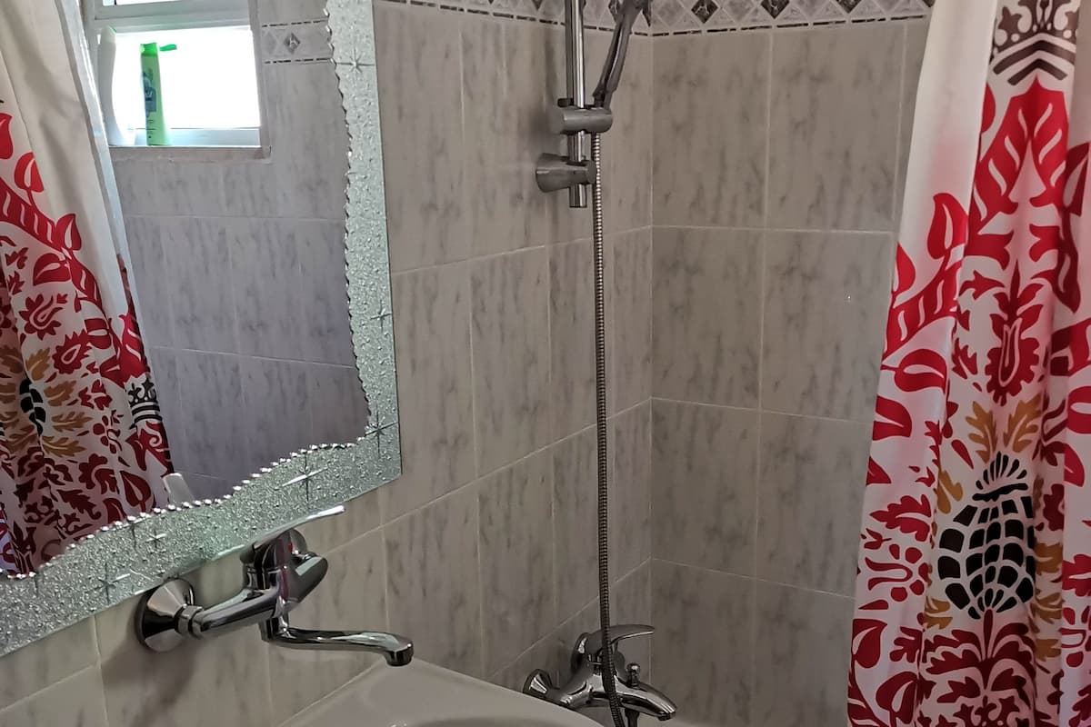 Combined shower/bathtub, deep-soaking bathtub, rainfall showerhead