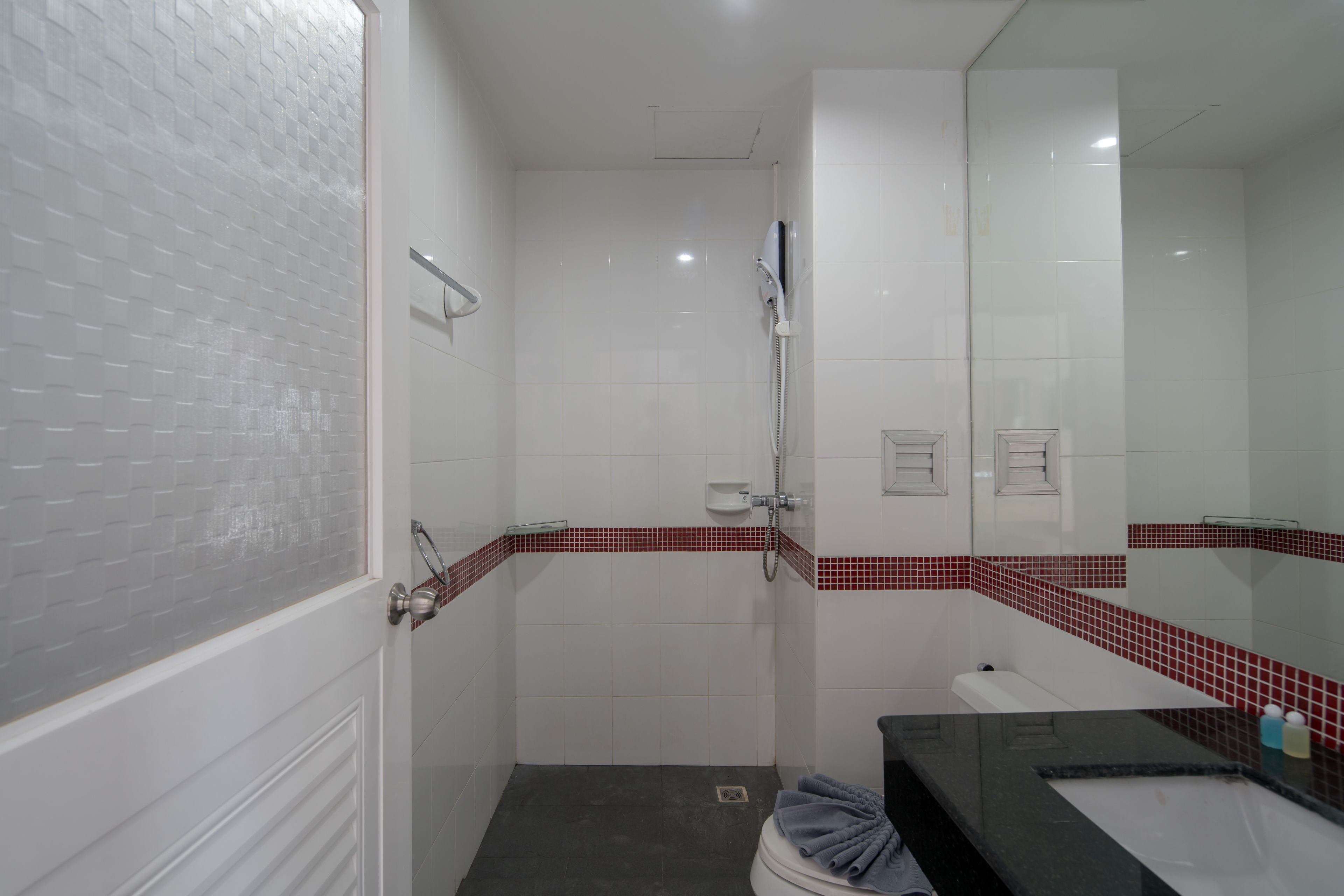 A bathroom with a shower, a toilet, a sink, and a mirror.