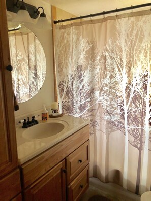Combined shower/bathtub, hair dryer, towels, soap