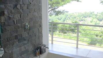 Separate tub and shower, free toiletries, hair dryer, slippers