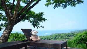 Un rincón de descanso con una silla de mimbre y un peluche de mono, con vistas a un paisaje verde exuberante y el mar.