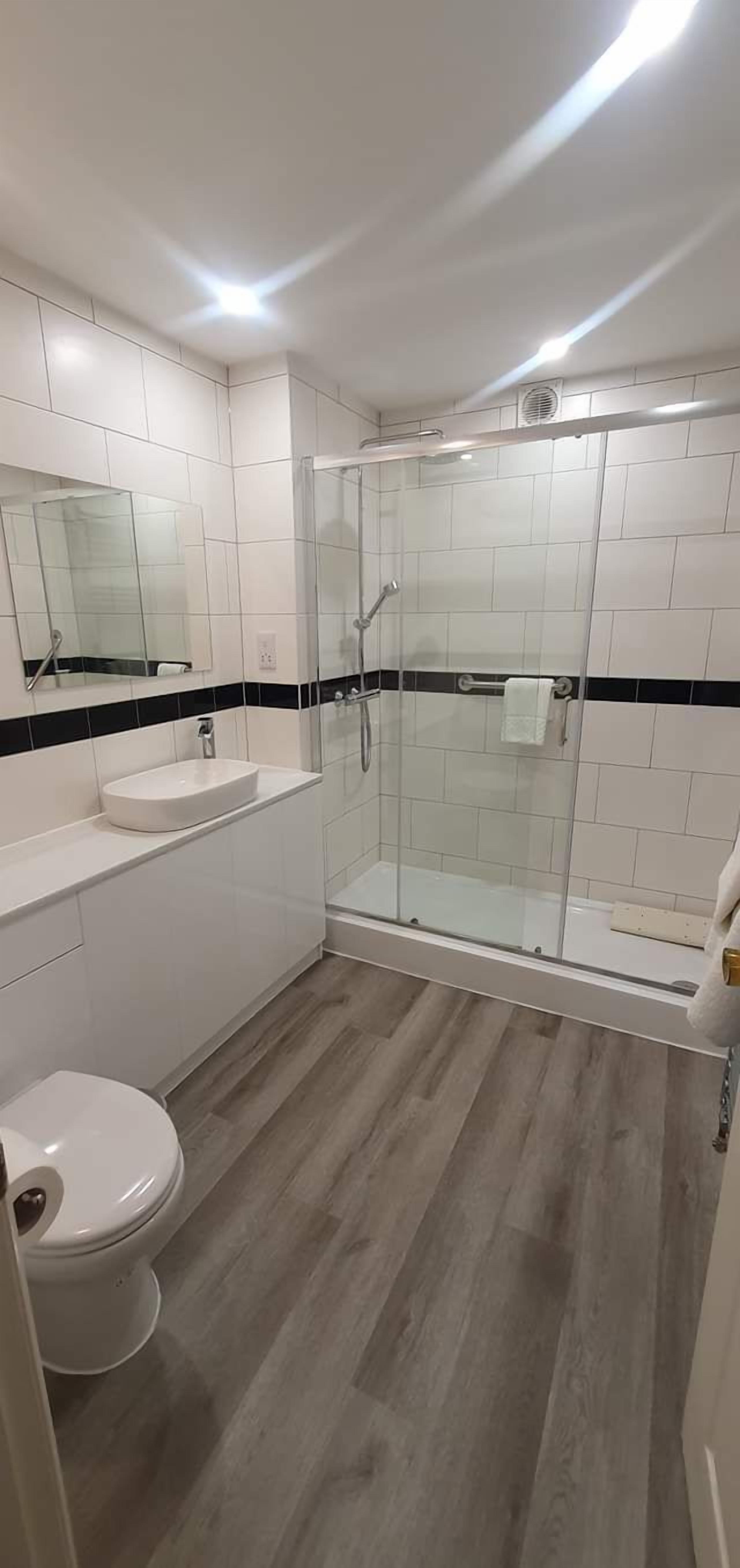 A modern bathroom with a glass-enclosed shower, a white sink, and a toilet.