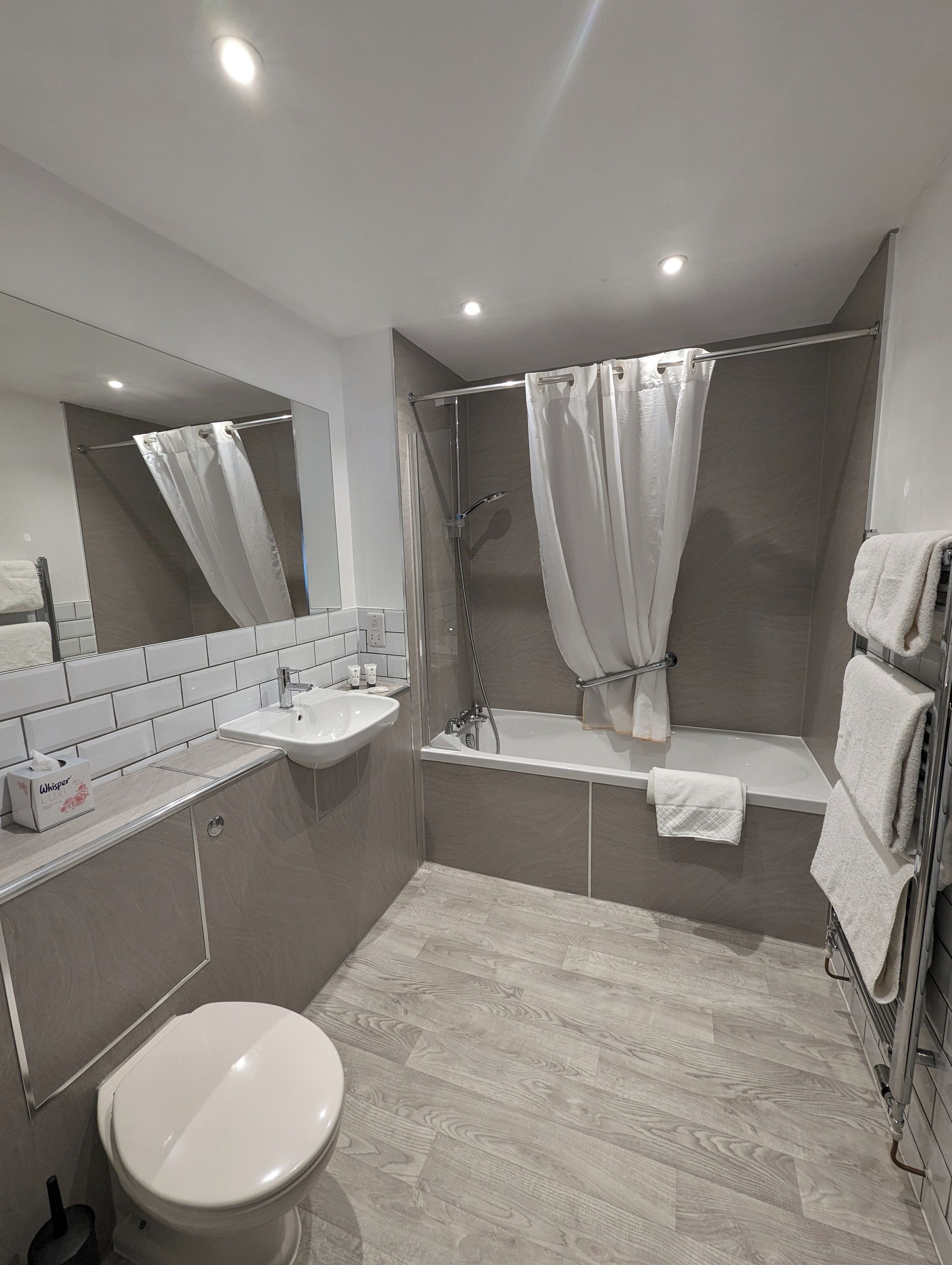 A modern bathroom with a shower, bathtub, sink, and toilet.