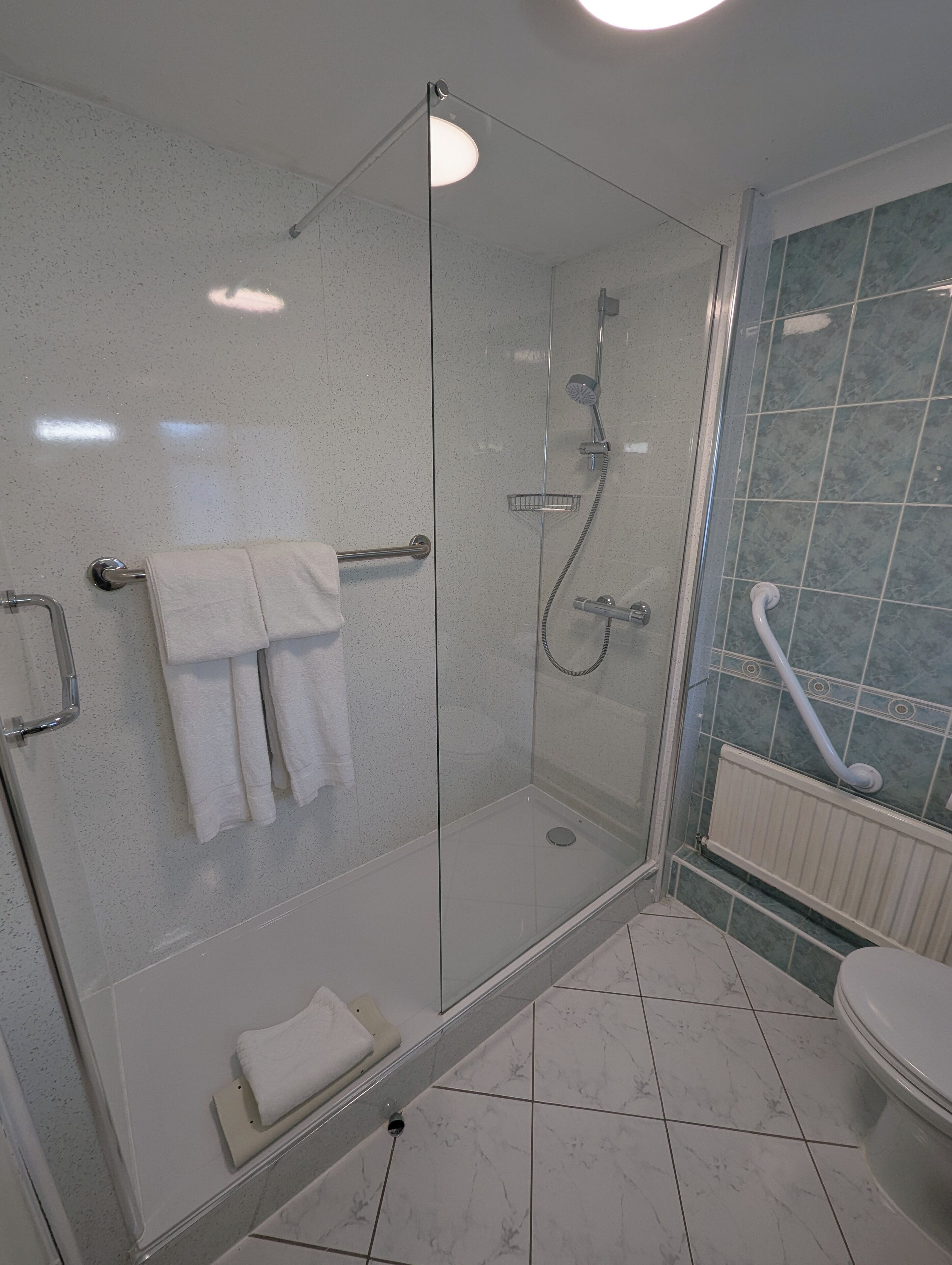 Ein modernes Badezimmer mit einer einteiligen Duschkabine, Toilette und Haltestange.