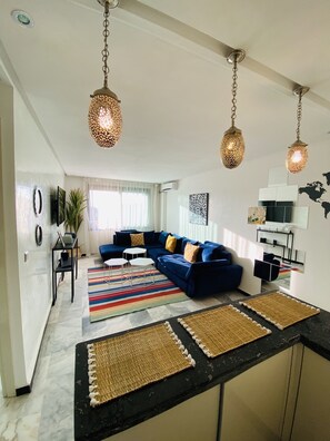 Design Apartment, 1 King Bed, Smoking, Park View | Living area | 55-inch Smart TV with satellite channels, TV, Netflix - Foch Apartment (Marrakech)