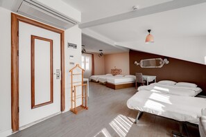 Minibar, desk, laptop workspace, iron/ironing board