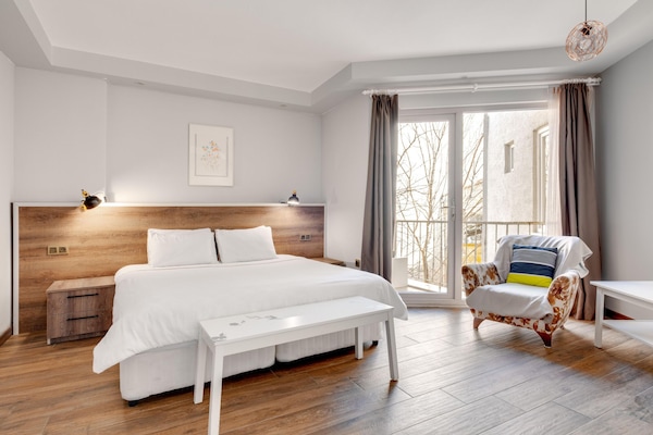 Minibar, desk, laptop workspace, iron/ironing board