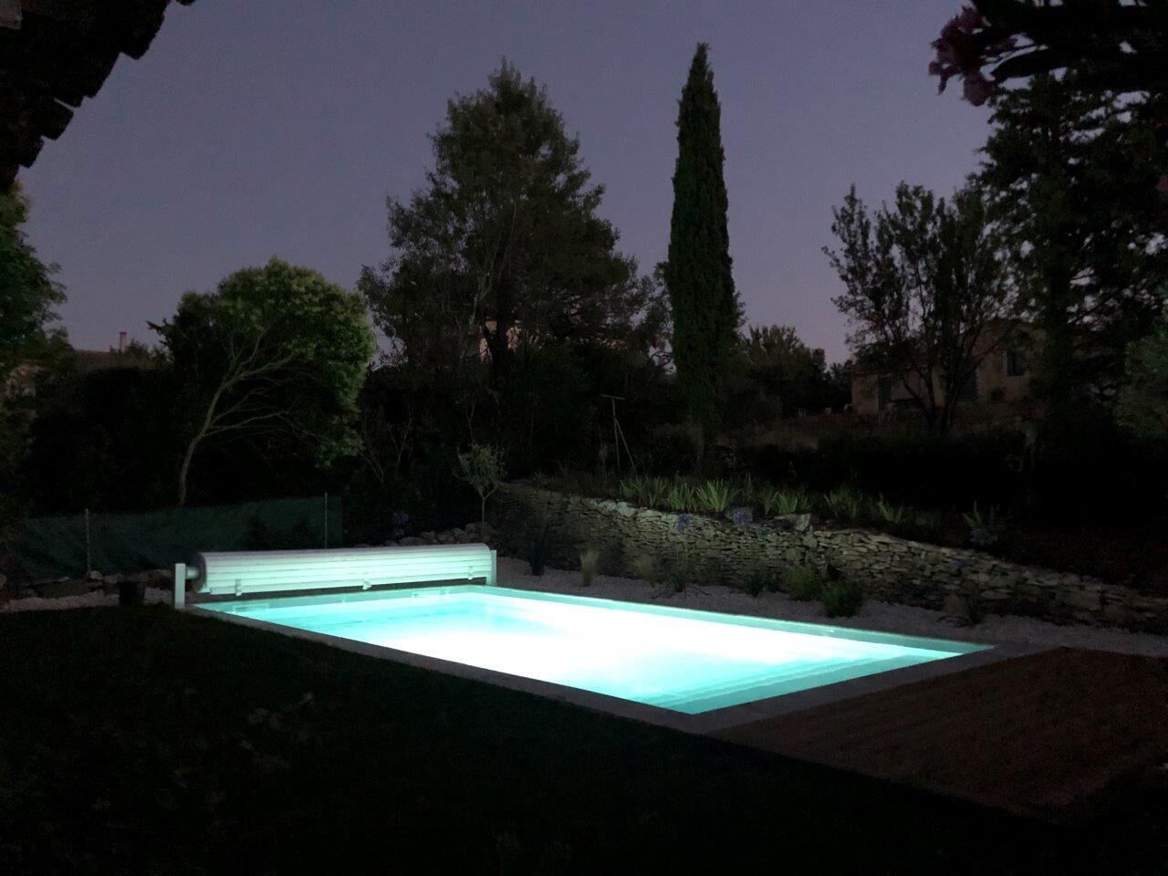 A rectangular swimming pool with a lighted edge, surrounded by a landscaped garden with various plants and a stone wall.