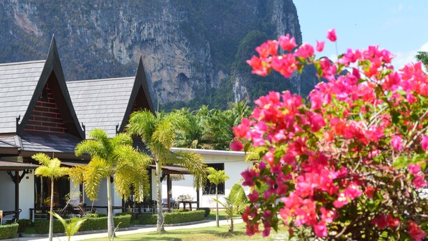 A building with a modern design, featuring a triangular roof and surrounded by lush greenery and pink flowers. - Paradis Vert (Krabi)