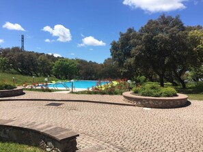 A pool area with a clear blue pool, surrounded by a paved walkway, trees, and a stone wall.