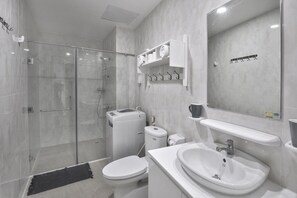 Hair dryer, towels, soap, shampoo