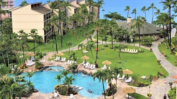 Een resort met een zwembad, palmbomen en uitzicht op de oceaan.