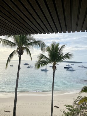 A beach with palm trees and yachts in the water. - Villa Condesa Del Mar (Saboga)