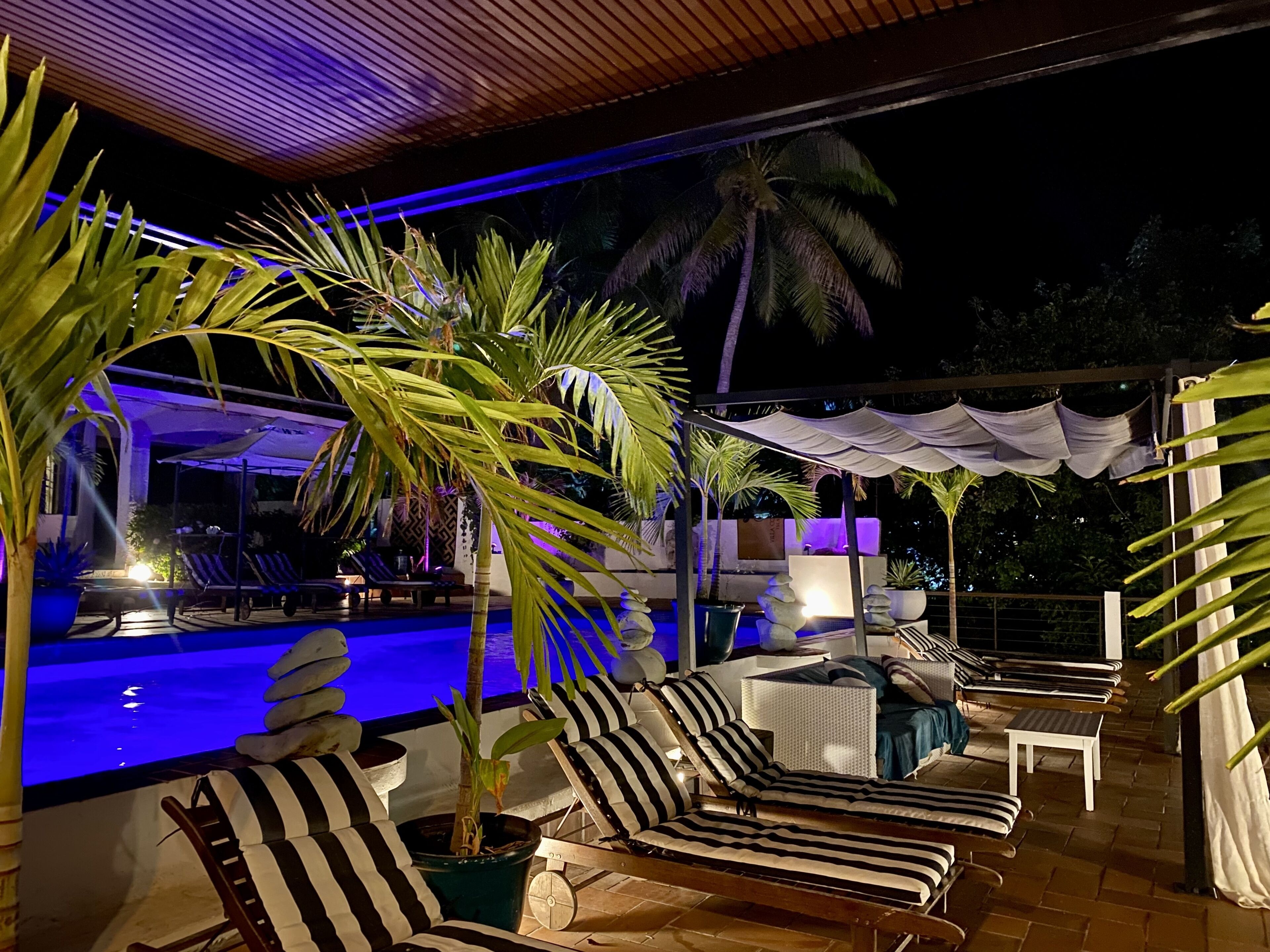 A poolside area with lounge chairs, a small table, and potted plants.
