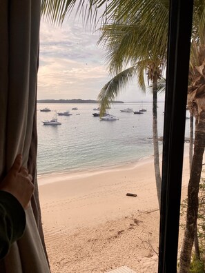 A beach view with boats, palm trees, and a sandy shore.