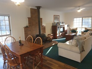 Fernseher, Kamin, DVD-Player, Bücher