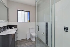 Shower, hair dryer, towels, toilet paper