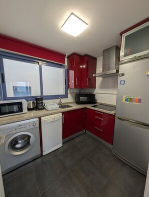 Fridge, microwave, dishwasher, coffee/tea maker