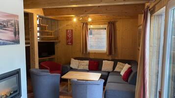 Smart TV, chimenea, reproductor de DVD y videoteca