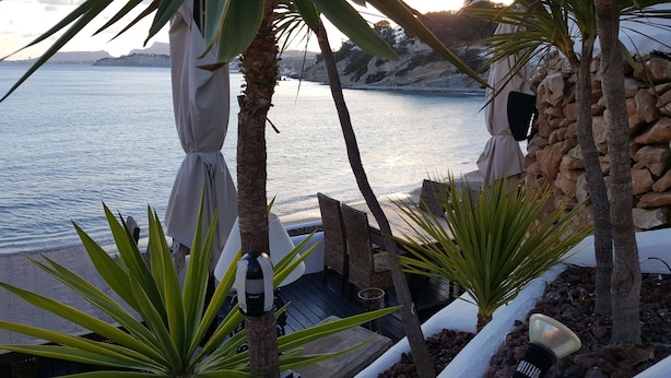 Een terras aan de kust met uitzicht op zee, met buitenmeubilair, palmplanten en een stenen muur.