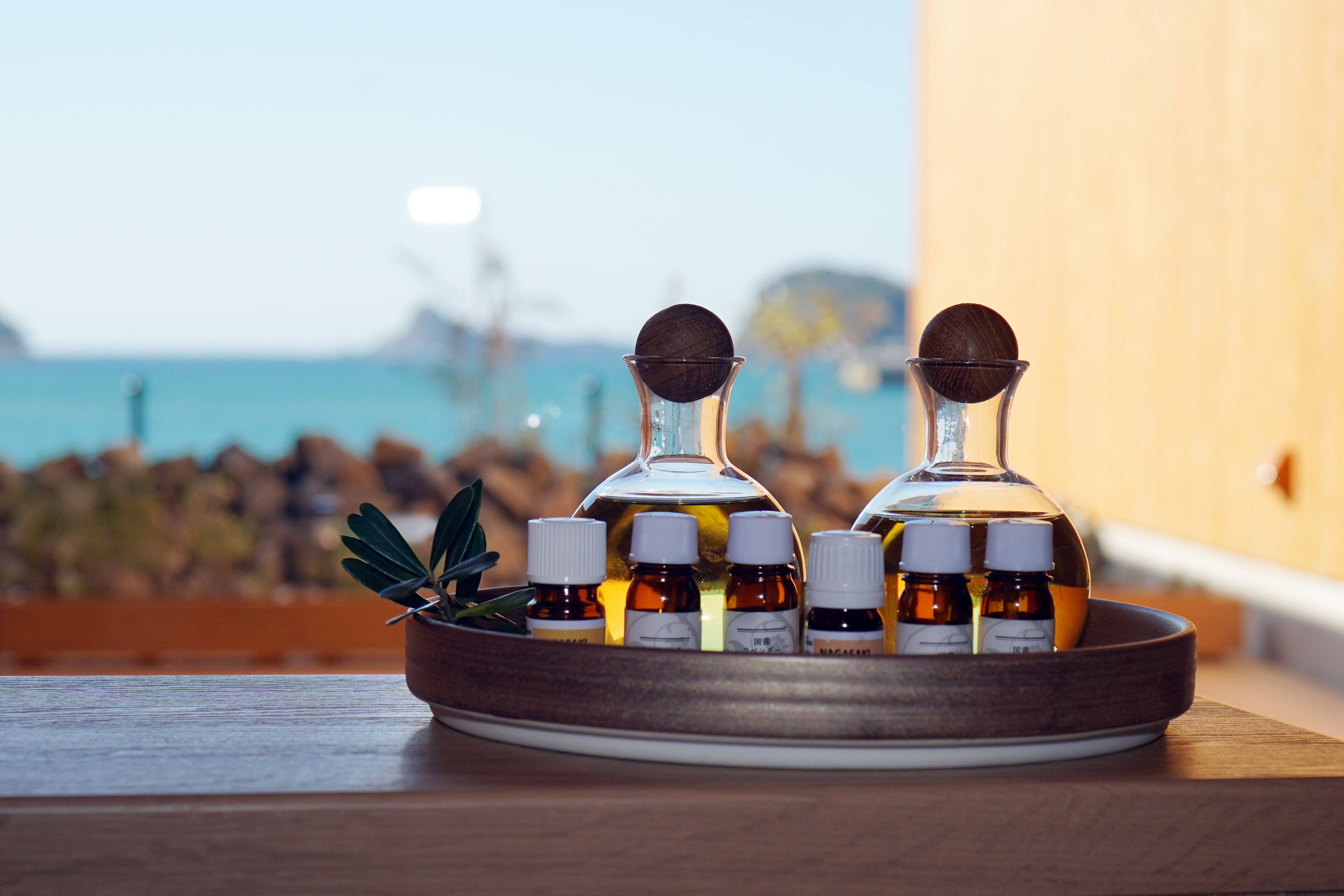 A wooden tray with several small bottles of essential oils and a plant on a wooden table.