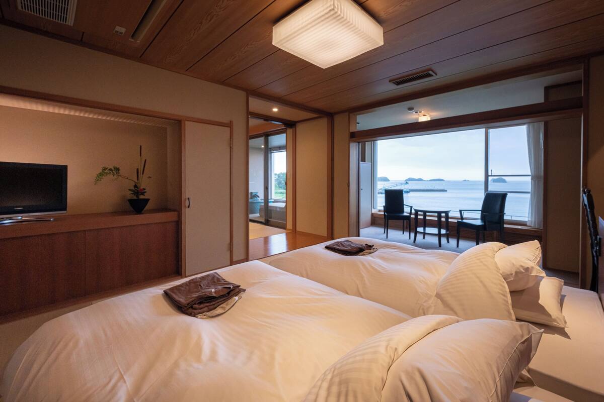 Een hotelkamer met twee bedden, een televisie, een plant en uitzicht op zee.