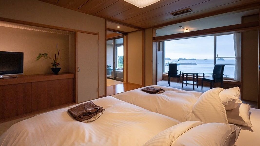 Habitación de hotel con dos camas, un televisor, una planta en maceta y vista al mar.
