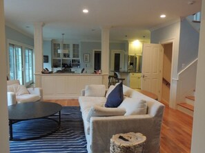 Smart TV, fireplace, video game console, table football