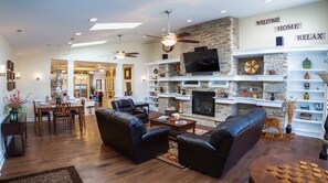 Smart TV, fireplace, video games, DVD player