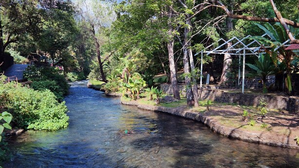 A serene river flowing through a lush garden with stone walls and various plants. - Hotel Los Cedros (Uruapan)