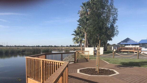 A wooden deck with a view of a calm lake, surrounded by trees and a building with a blue roof. - Deluxe "Sunset" Vacation rental in private marina on the California Delta (Stockton)