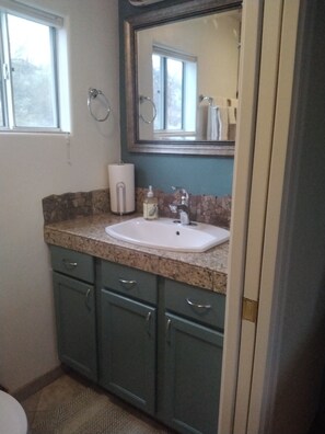 Hair dryer, towels, soap, shampoo