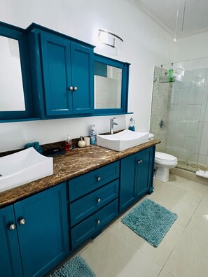 Secador de pelo, toallas, champú y papel higiénico