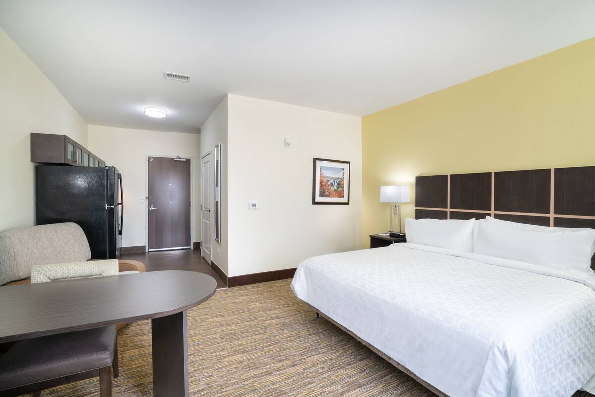 Quarto de hotel com uma cama, escrivaninha, frigorífico e porta para uma casa de banho.